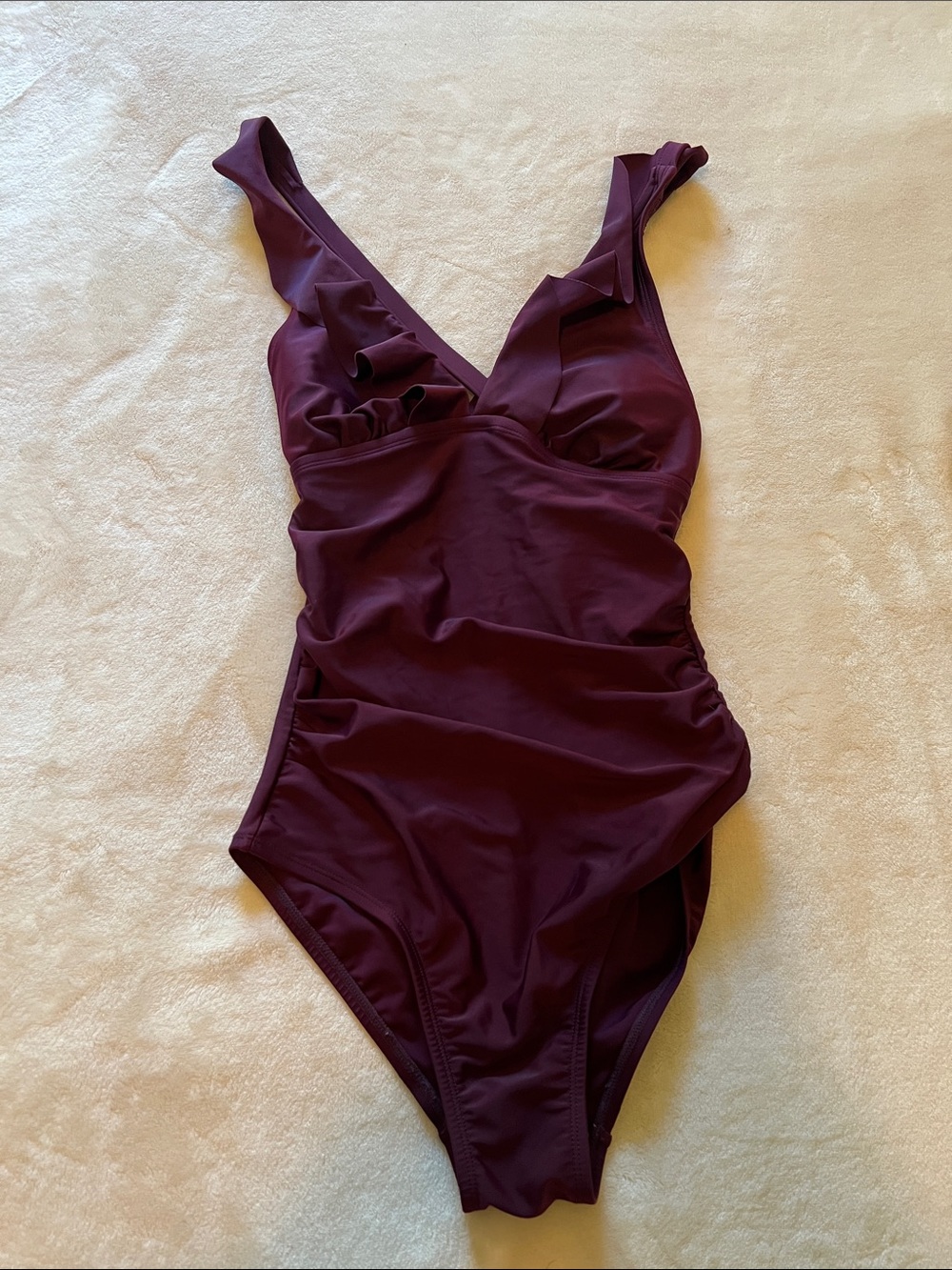 Kona Sol Burgundy Ruffle V‑Neck One‑Piece Swimsuit